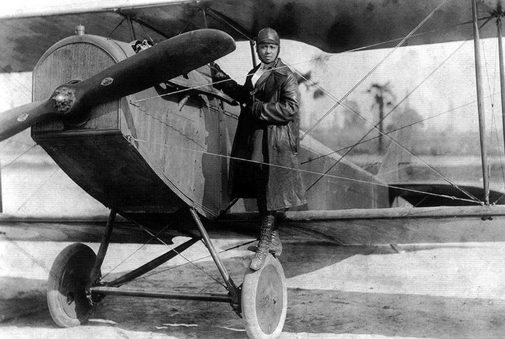 Black and white photograph of pilot Bessie Coleman