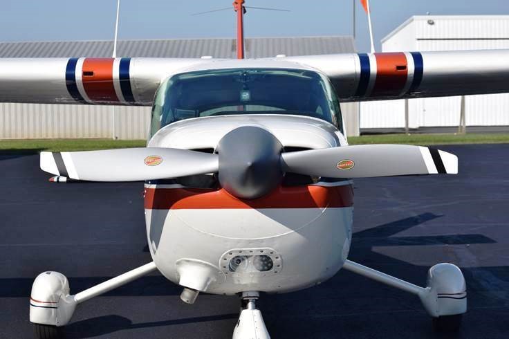 Front view of a Cessna 177B aircraft with Hartzell propeller